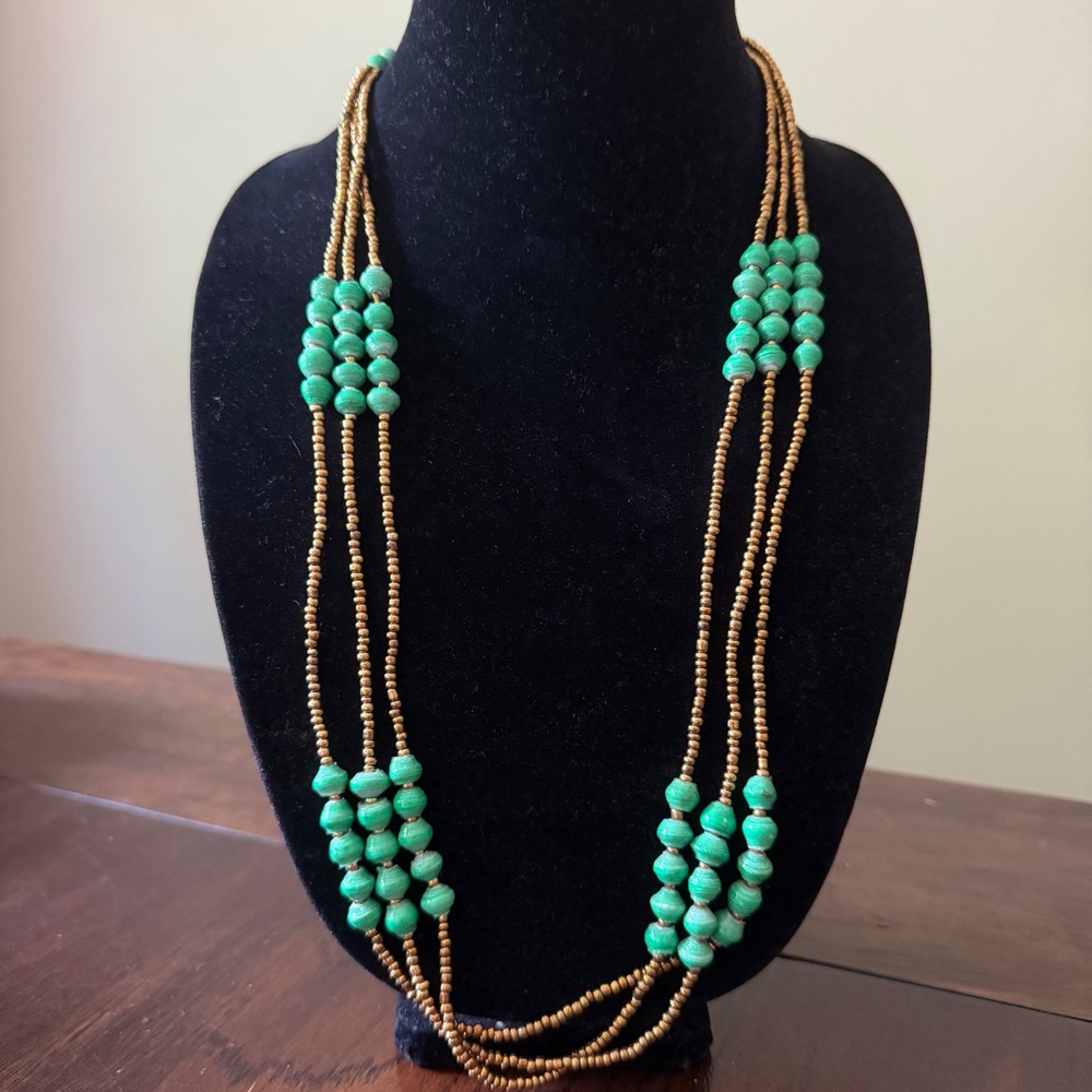 Vintageโ Green Gold Multi Strand Necklace Boho Eclectic OS